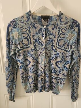 Lord & Taylor Blue and Mint Green Paisley Button Cardigan